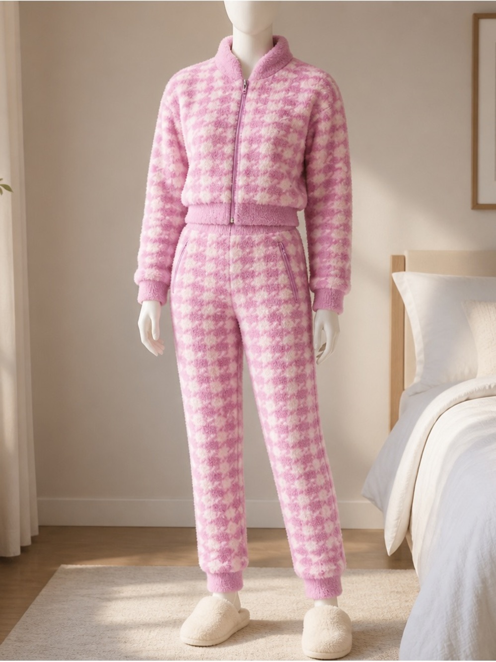 Cozy Pink Houndstooth Pajama Set - Plush Zip Jacket & Pants from SKIMS.